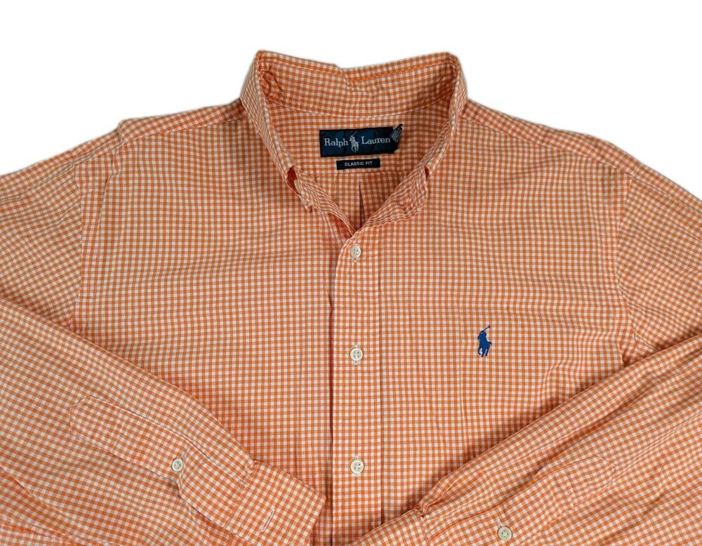Lauren Ralph Lauren Men's Orange Checkered Classic Fit Button Up Shirt Sz Large
